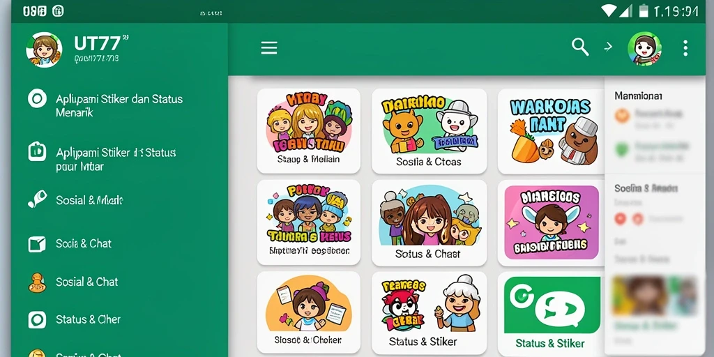 Screenshot utama UT77 menampilkan antarmuka stiker dan status.